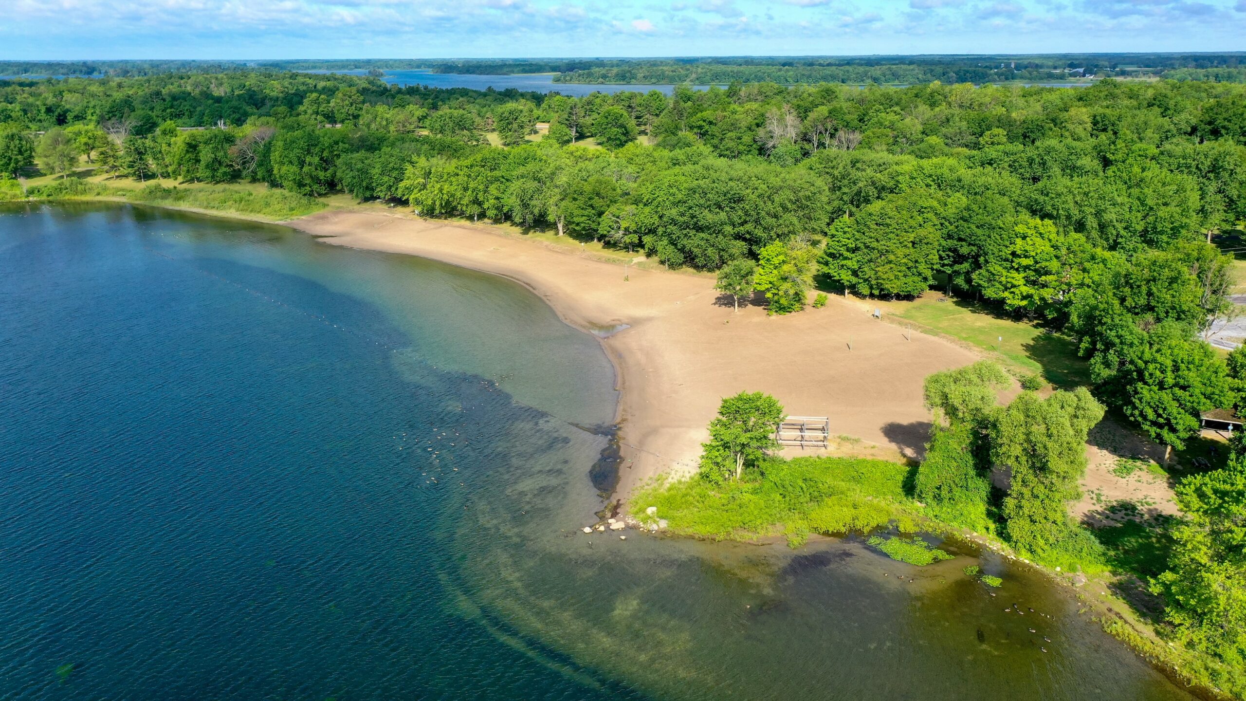 Aerial view of Mille Roches beach along the Long Sault Parkway.